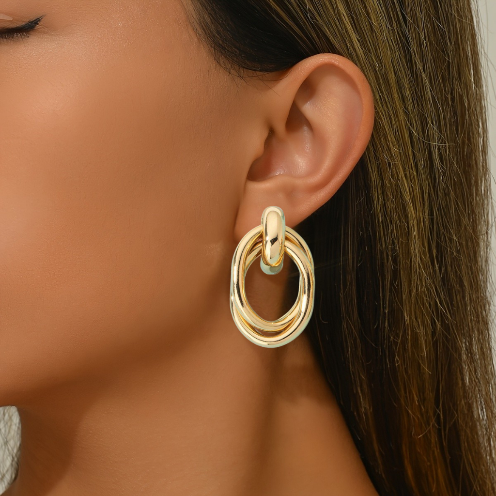 Brinco Argola Geométrico Orgânico Ninho Elo Entrelaçado Trançado Dourado Feminino Médio