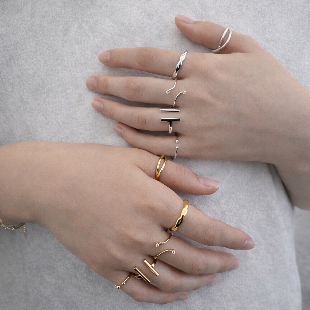 Kit 5 Anéis Ajustáveis Banhados a Ouro/Prata | Mix Design Moderno | Anel Aberto